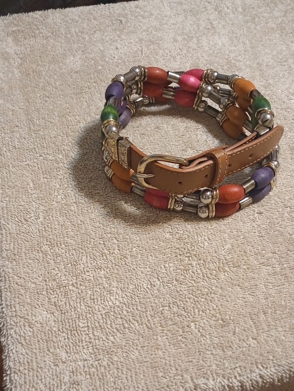 Vintage Beaded Multicolor Belt Wood Beads 2 Strands Gold Buckle